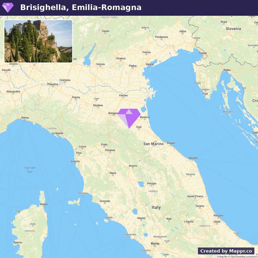 Map of Italy highlighting the Emilia Romagna region with a location marker over Brisighella, accompanied by a picture of a tower on a hill surrounded by trees in Brisighella.