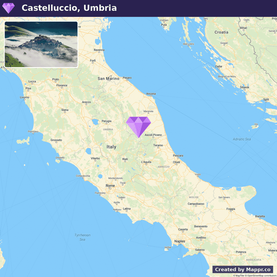 Alt text: A map highlighting the location of Castelluccio in the Umbria region of Italy, with a small inset photo in the top left corner showing a scenic view of Castelluccio village surrounded by clouds and green hills.