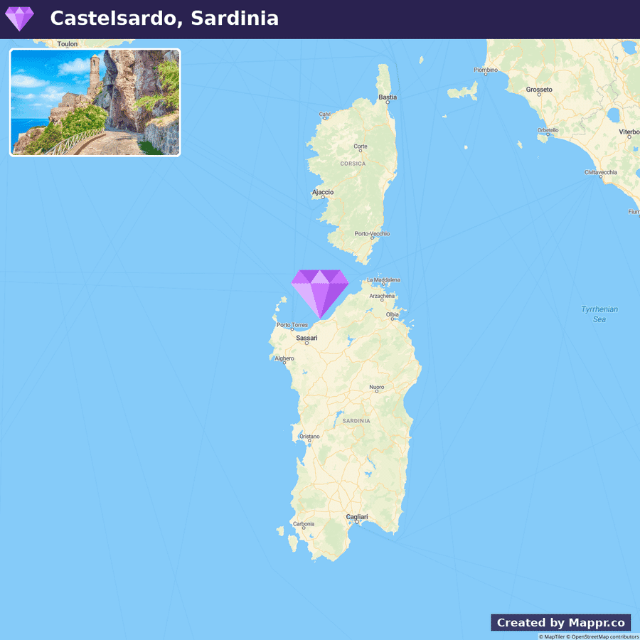 An image displaying a scenic coastal view of Castelsardo in Sardinia, above which is a map highlighting the location of Castelsardo on the island of Sardinia, Italy, with a purple marker. The image also includes part of the surrounding seas and nearby regions with city names and country borders. Below the map, there are attributions to Google and Mappr.co.