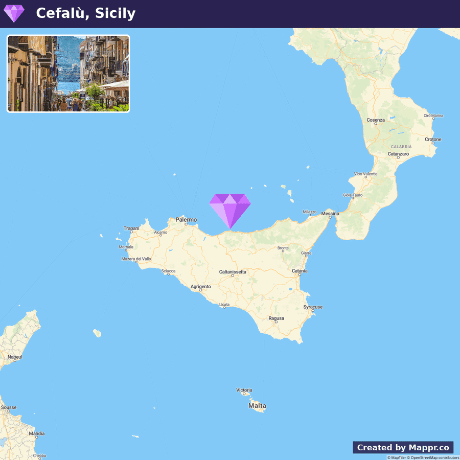 Map of Sicily highlighting the location of Cefalu, with an inset picture of a street scene from Cefalu showing buildings and people walking.