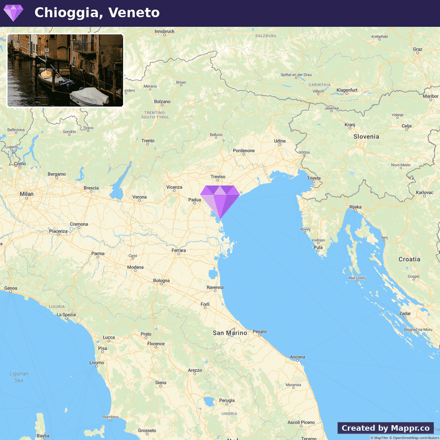 Map showing where Chioggia sits within its region, with a diamond marker on the exact location
