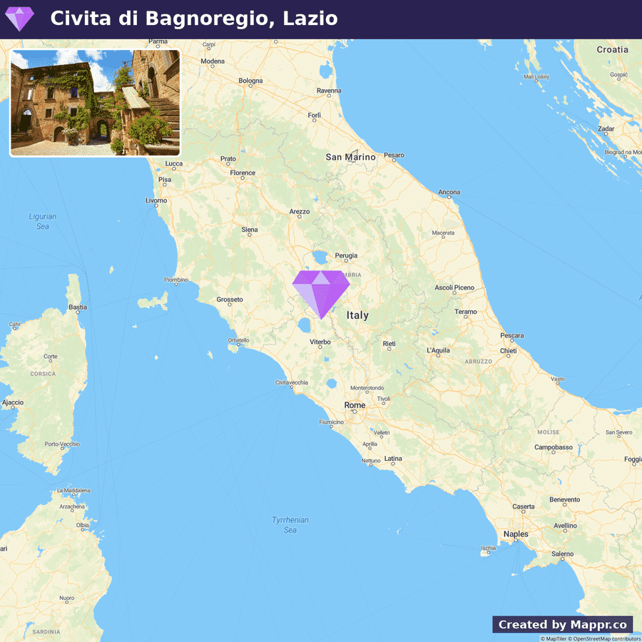 A map highlighting the location of Civita di Bagnoregio, Lazio, Italy, with an inset photo showing a picturesque street in the ancient town.