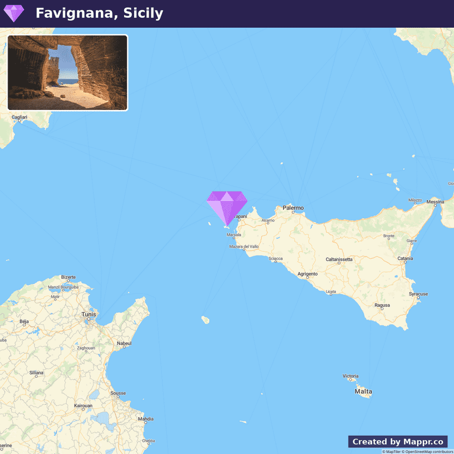 Map showing the location of Favignana, Sicily, with a purple map marker west of mainland Italy near Tunis, featuring a small picture insert of a stone archway with a view of the sea.