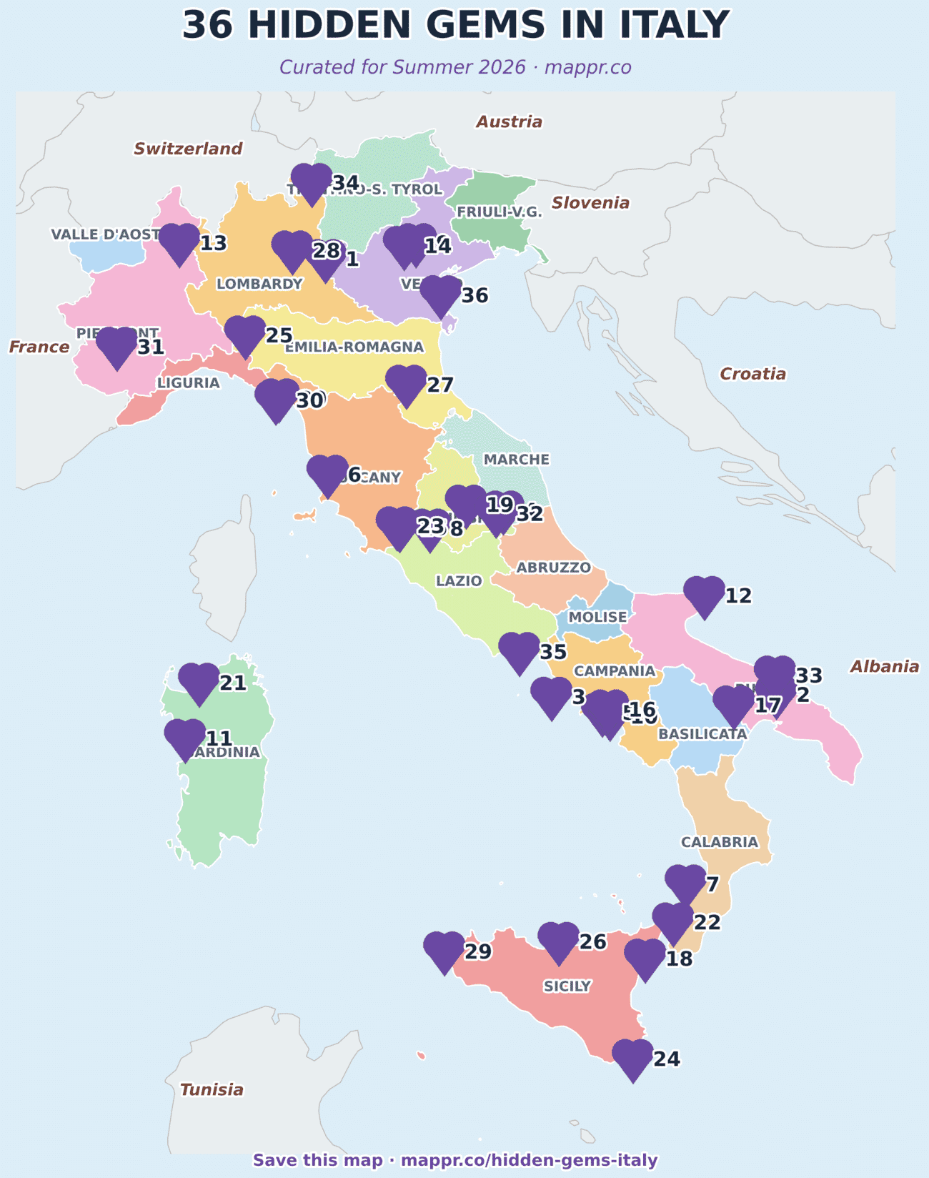 Colorful map of 33 hidden gems of Italy.