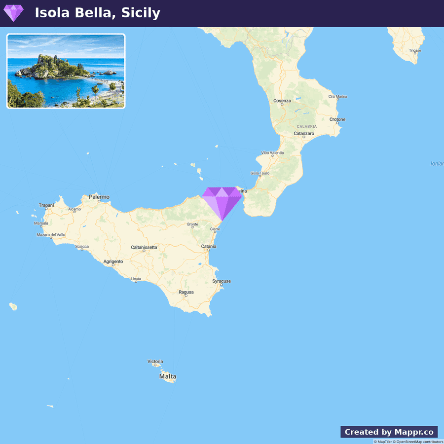 An image showcasing a map of Sicily with the location of Isola Bella highlighted, accompanied by a photograph of the picturesque Isola Bella island with lush greenery and surrounding blue waters.