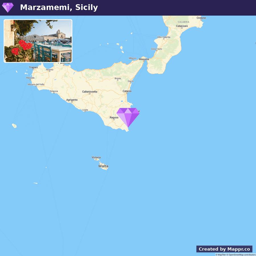 Alt text: A map highlighting Marzamemi, Sicily, with a pinned location near Syracuse, alongside an inset photo showing a seaside view with a blue chair and red flowers.