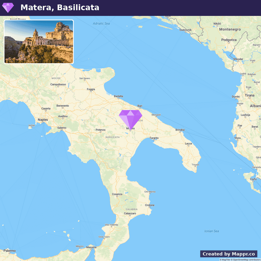 A map showing the location of Matera in the region of Basilicata, Italy, with a small inset image of the ancient town and its rocky landscape in the upper left corner.