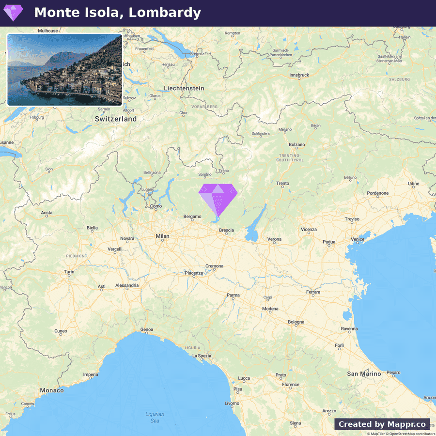 A map of Northern Italy highlighting the location of Monte Isola in Lombardy, with a small inset picture in the upper left corner showing a coastal village on the island.