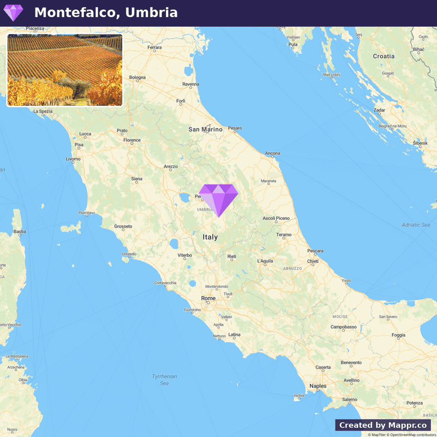 A map highlighting Montefalco in Umbria, Italy, with an inset photo of a vineyard in autumn colors.