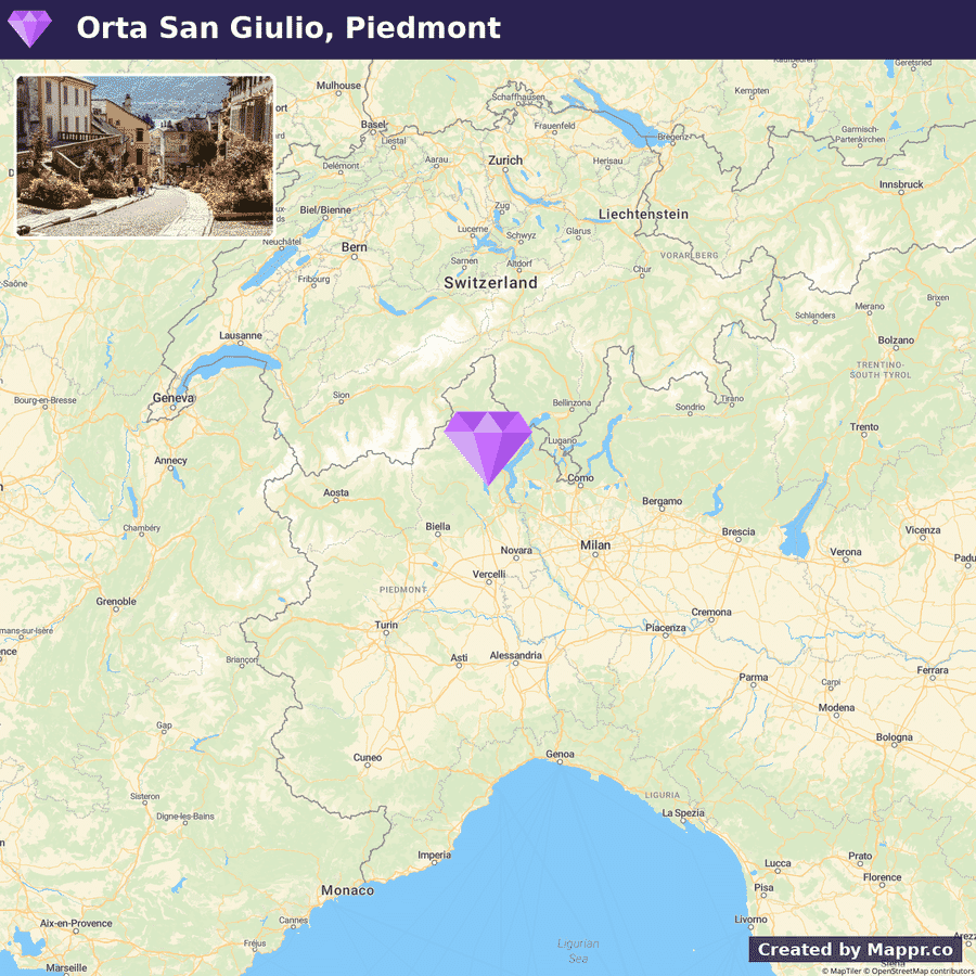 Map showing the location of Orta San Giulio in Piedmont, Italy, with a purple diamond marker indicating the town's position between Milan and Turin, near Lake Maggiore. The map displays surrounding areas in Switzerland and Italy with city names and boundaries.