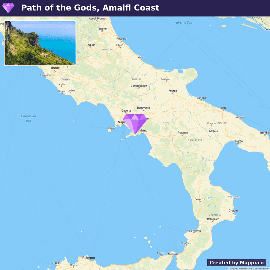 A screenshot of a map highlighting the "Path of The Gods, Amalfi Coast" area near Naples in Italy, with an inset photo showing a coastal view with cliffs and clear blue water.