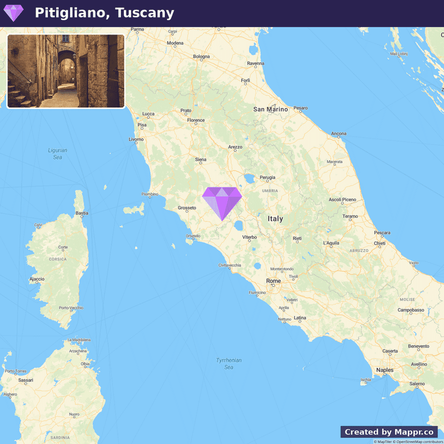 A map of a section of Italy highlighting the location of Pitigliano, Tuscany, with a marker and inset image showing an atmospheric alleyway within the town.