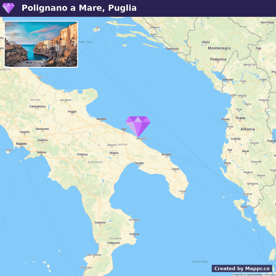 An infographic featuring a map focused on the southern part of Italy with a marker indicating Polignano a Mare, Puglia, and an inset photograph in the upper left corner capturing the scenic coastal view of Polignano a Mare at sunset.