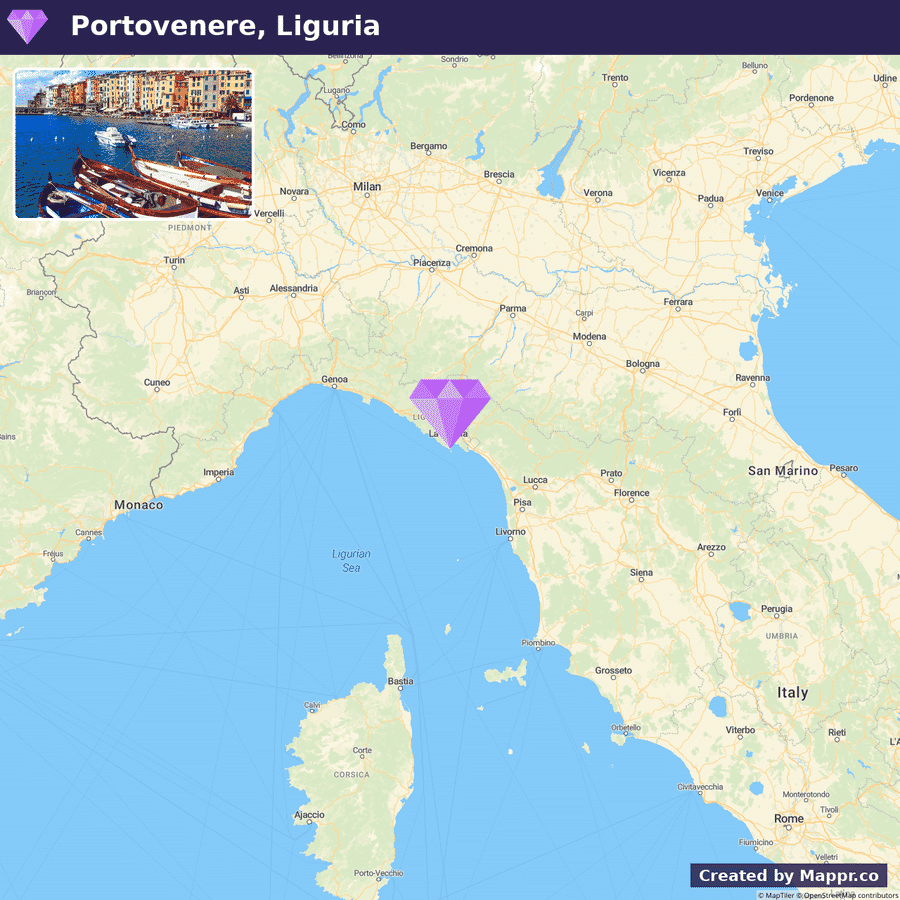 An image featuring a map of Italy highlighting the location of Portovenere in Liguria, with an inset photo showing colorful buildings along a coastline and boats in the water.