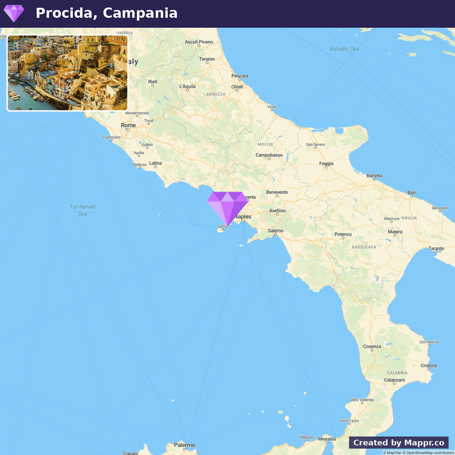 A map highlighting the location of Procida in the Campania region of Italy, with an inset photograph showcasing the colorful coastal architecture of the island.