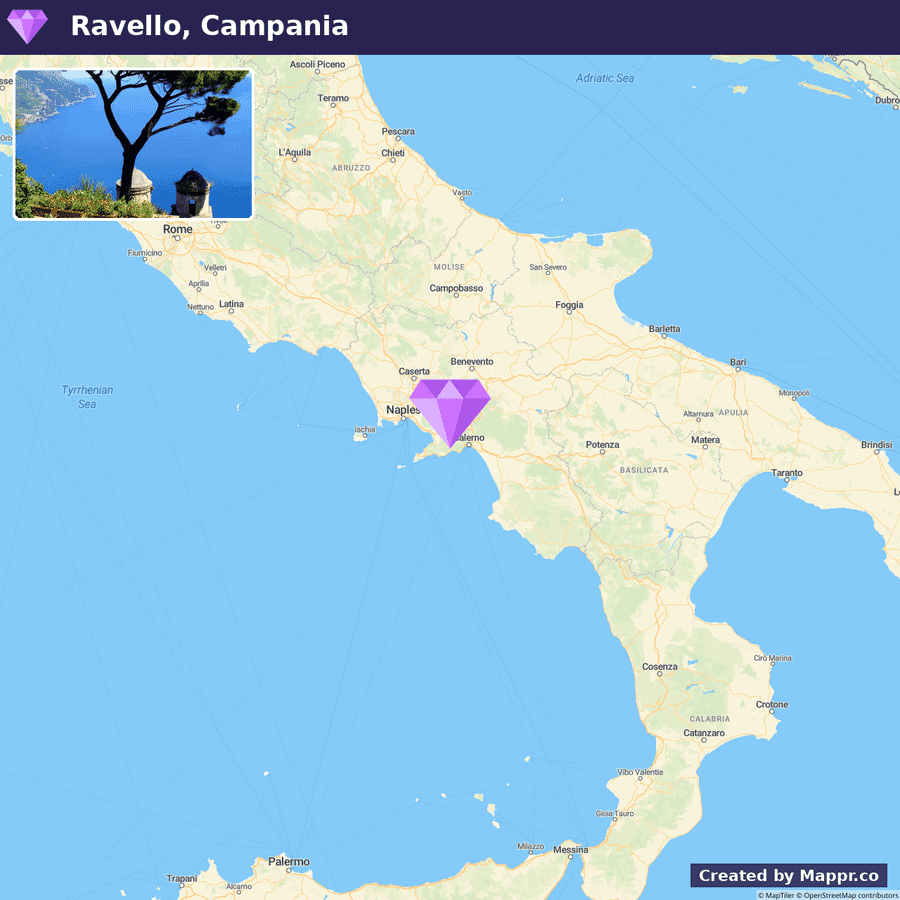 Alt text: A combined image showing a top section with "Ravello, Campania" text and a scenic coastal view with a prominent tree, and a lower section displaying a map highlighting Ravello's location near Naples in the Campania region of Italy.