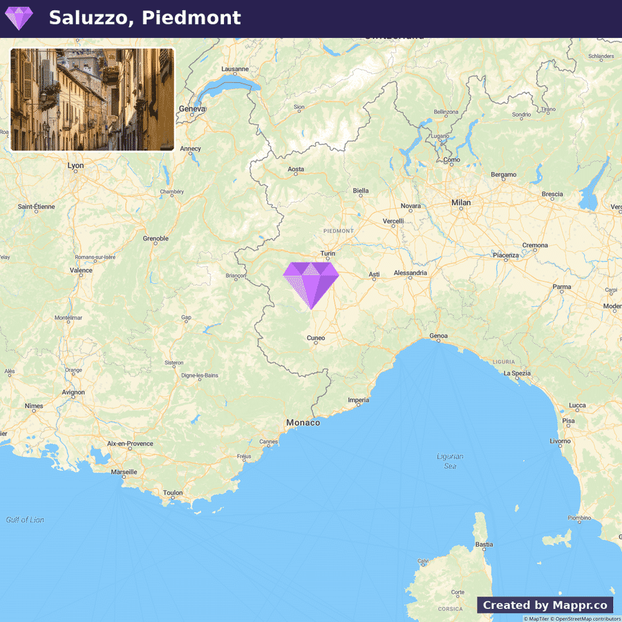 An inset photograph of an alleyway in Saluzzo, Piedmont, on a map highlighting the location of Saluzzo with a purple map pin within the Piedmont region in northwest Italy, surrounded by cities such as Turin and Genoa.