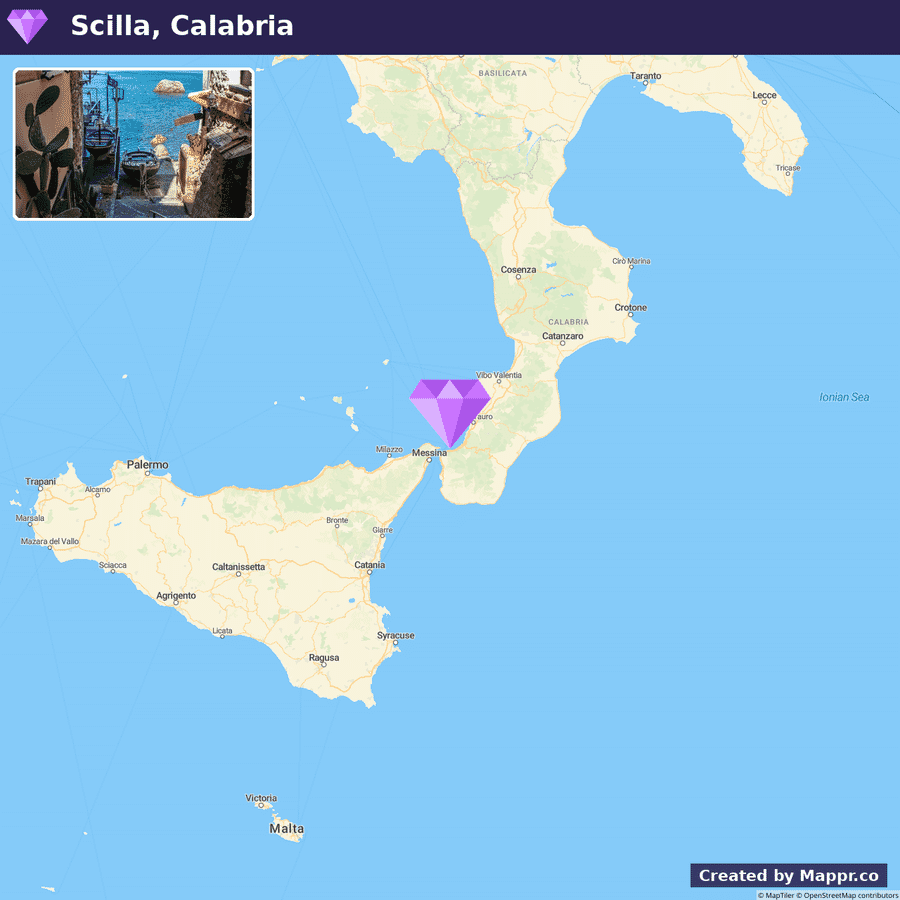 A map featuring the location of Scilla in Calabria, Italy, with an inset image in the upper left corner showing a scenic view of a coastal area, presumably Scilla, with a glimpse of the sea through buildings. The map is marked with surrounding cities and regions, such as Messina and Catania in Sicily, and icons indicating the position of Scilla in relation to them.