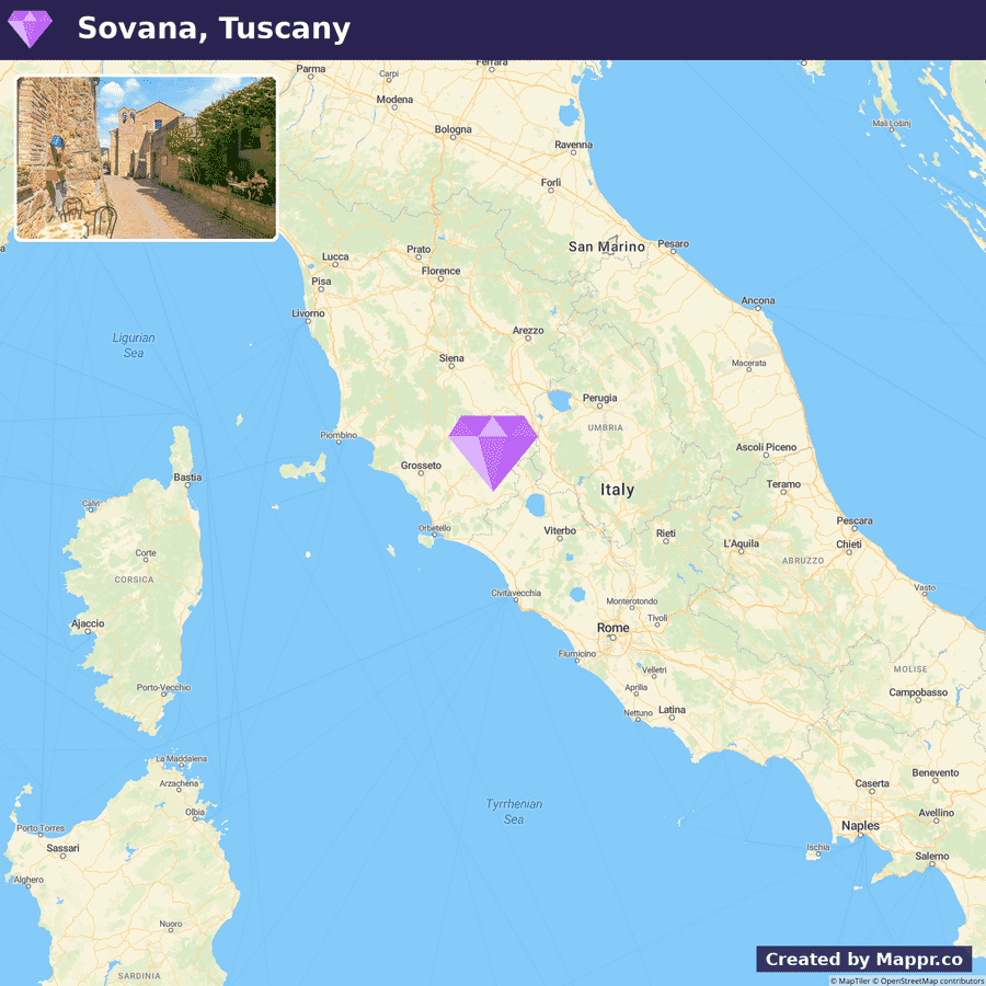 An image featuring a map with the location of Sovana in Tuscany, Italy, marked by a purple diamond-shaped pin. The inset in the top left corner shows a picturesque street view of Sovana, with traditional stone buildings and a cobblestone street.
