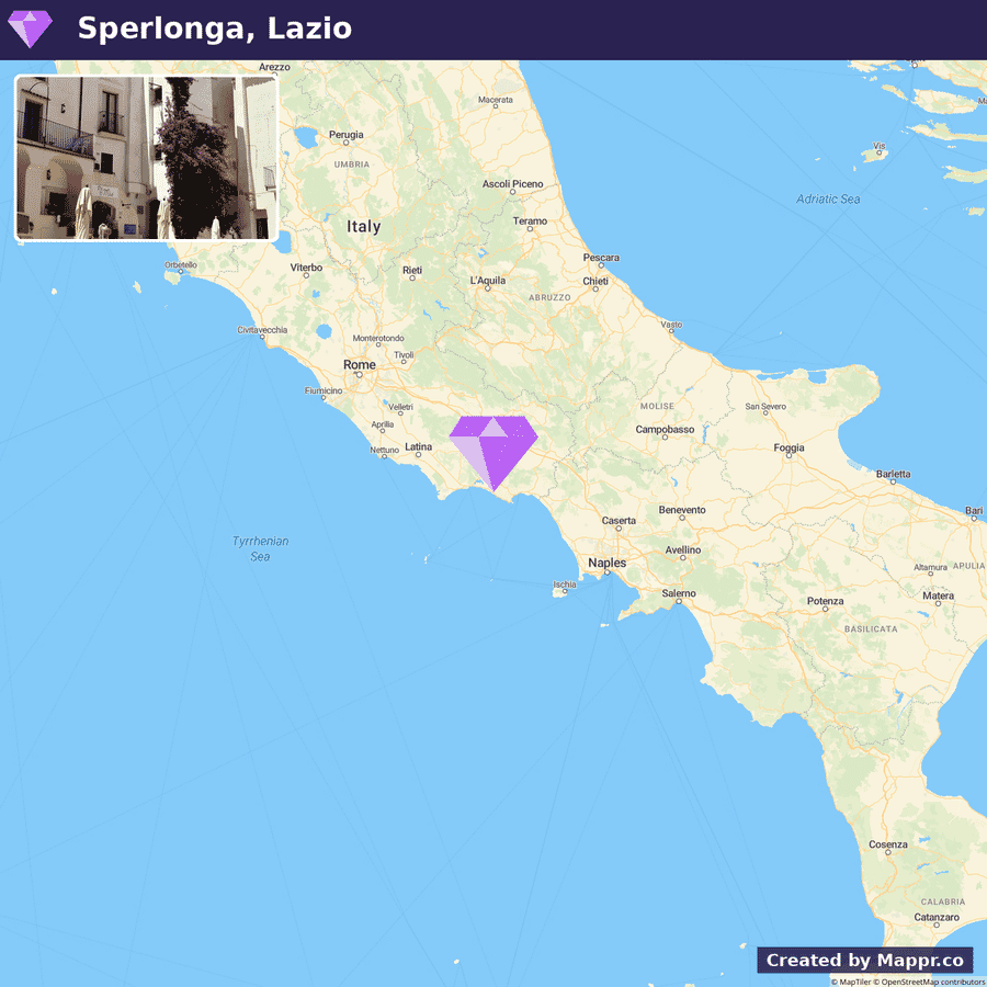 Map showing where Sperlonga sits within its region, with a diamond marker on the exact location