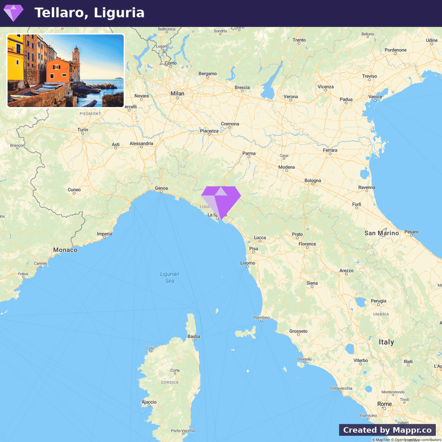 An image displaying a map focused on the coastal region of Italy with a marker over Tellaro, Liguria, and a small inset photo in the upper left corner showing colorful buildings by the seaside in Tellaro.