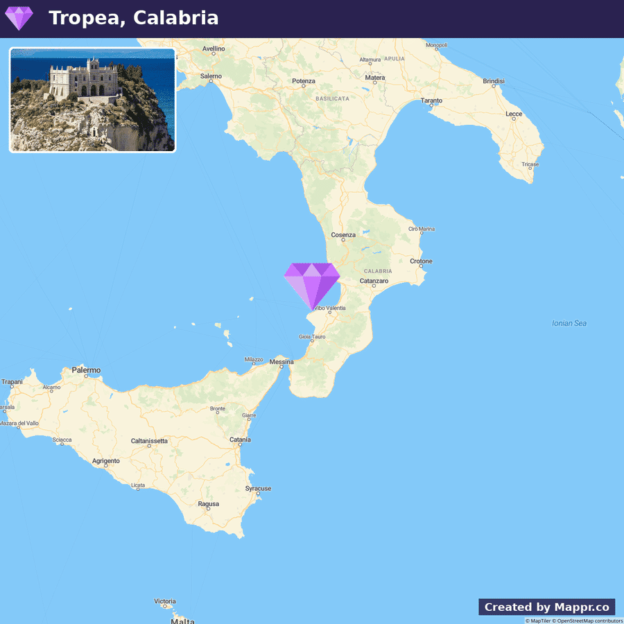 Map of Southern Italy focusing on the Calabria region with a marker on Tropea and an inset photo of coastal cliffs and a historical building in Tropea.