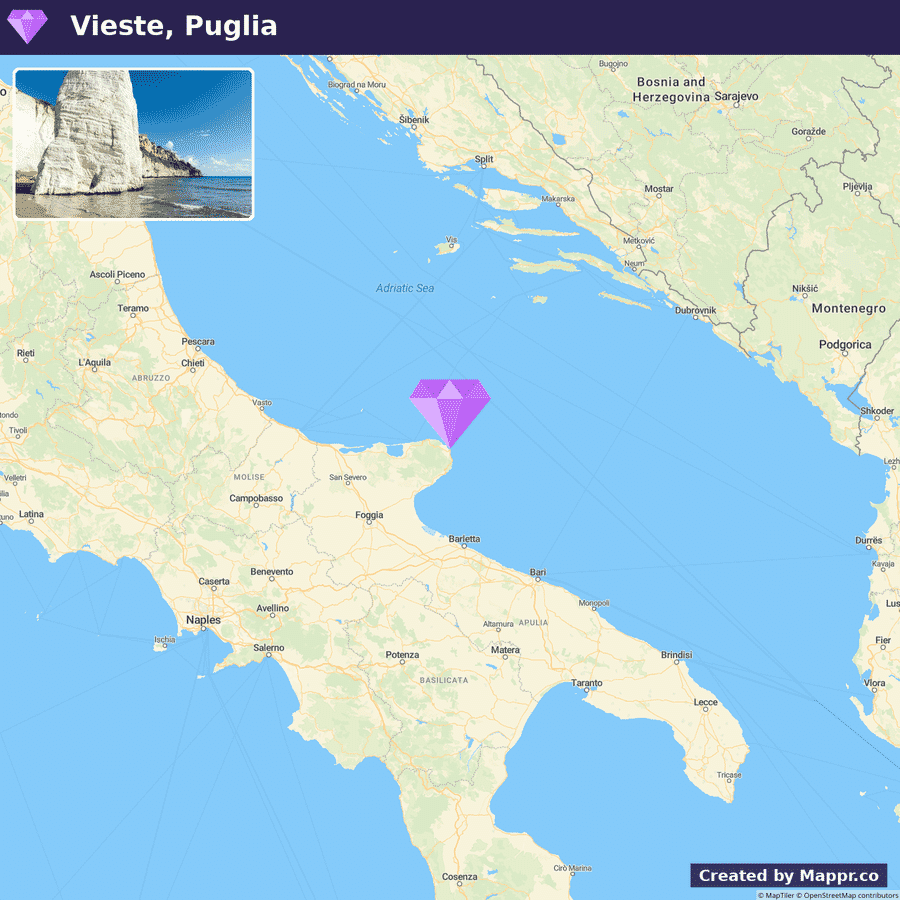 A map highlighting Vieste in Puglia, Italy, with a photo insert of a white rocky cliff by a beach under a clear blue sky.