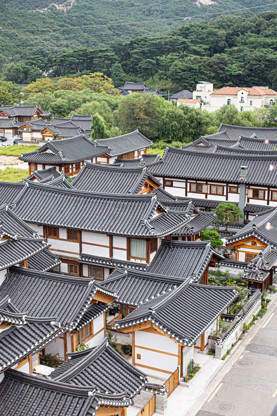 Aerial view of a traditional Korean village with hanok houses featuring tiled roofs and white walls,