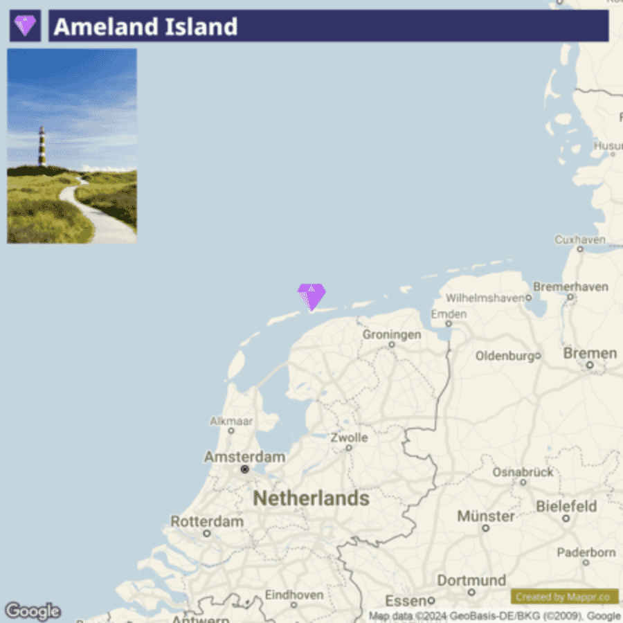 A split image with the top half showing a photograph of a red and white lighthouse on Ameland Island with a curving pathway leading through grassy dunes under a clear blue sky. The bottom half shows a map highlighting the location of Ameland Island in the North Sea, off the northern coast of the Netherlands, with a purple pinpoint marker. The map includes surrounding Dutch cities and parts of Germany.