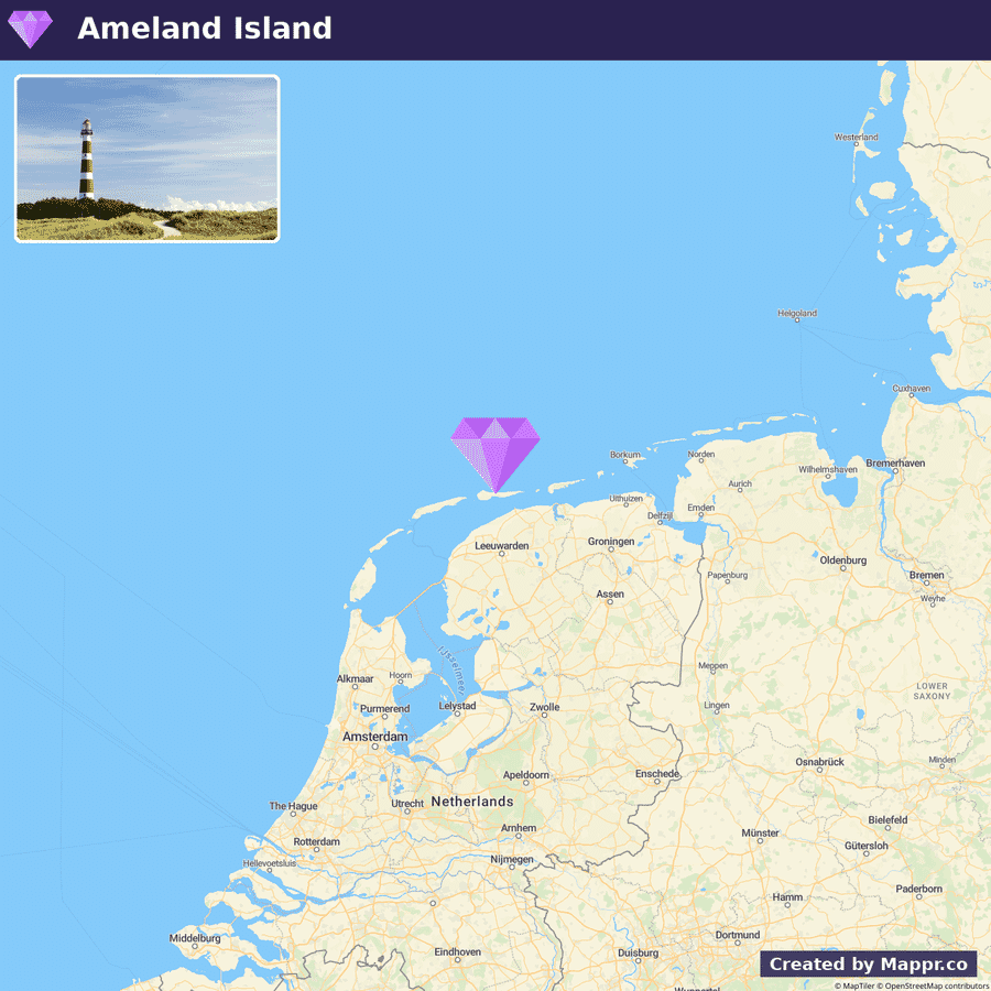 A split image with the top half showing a photograph of a red and white lighthouse on Ameland Island with a curving pathway leading through grassy dunes under a clear blue sky. The bottom half shows a map highlighting the location of Ameland Island in the North Sea, off the northern coast of the Netherlands, with a purple pinpoint marker. The map includes surrounding Dutch cities and parts of Germany.