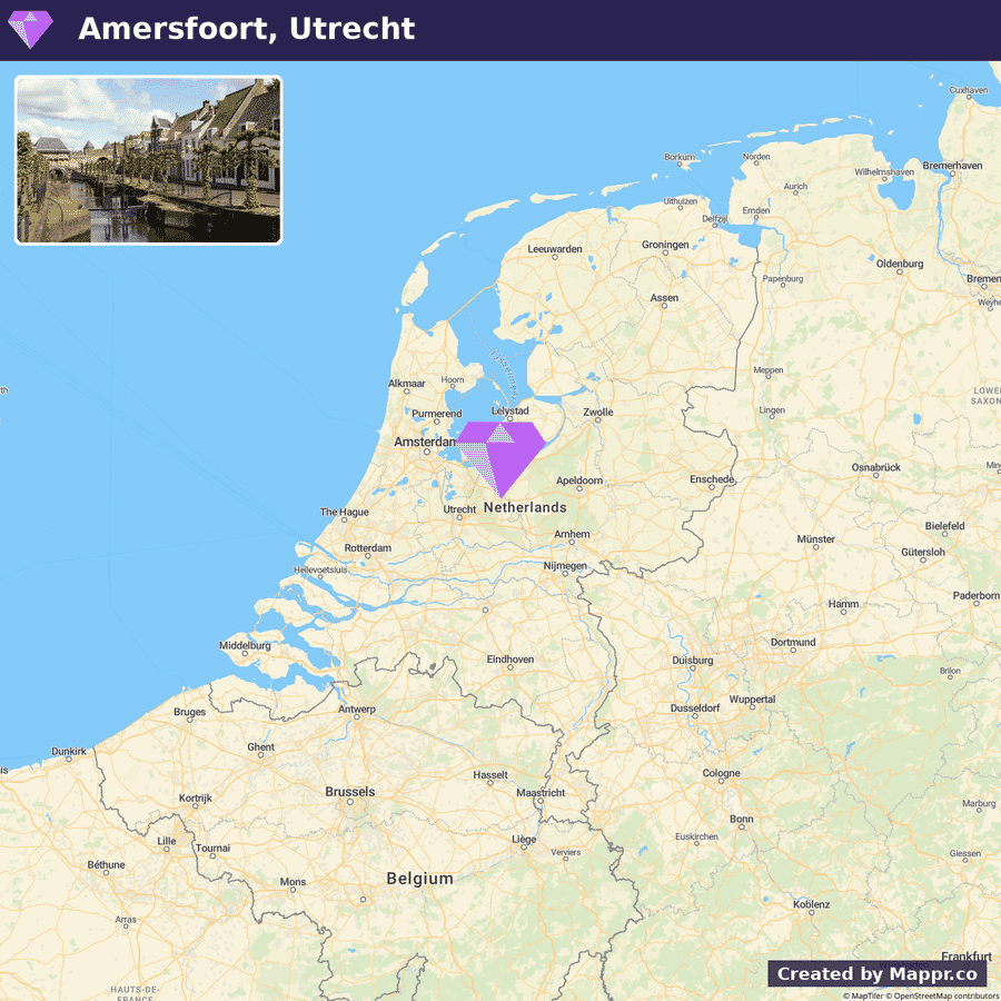 A map showing Amersfoort, Utrecht highlighted with a purple marker in the Netherlands, along with surrounding cities and country borders, including parts of Belgium and Germany. The inset in the upper left corner features a scenic view of Amersfoort with traditional buildings and a canal.