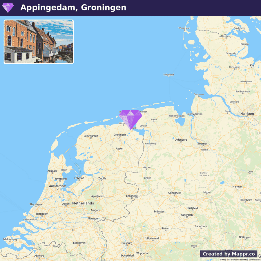 A map of the Netherlands highlighting the location of Appingedam in the province of Groningen, with an inset image of a canal and traditional Dutch houses in Appingedam.