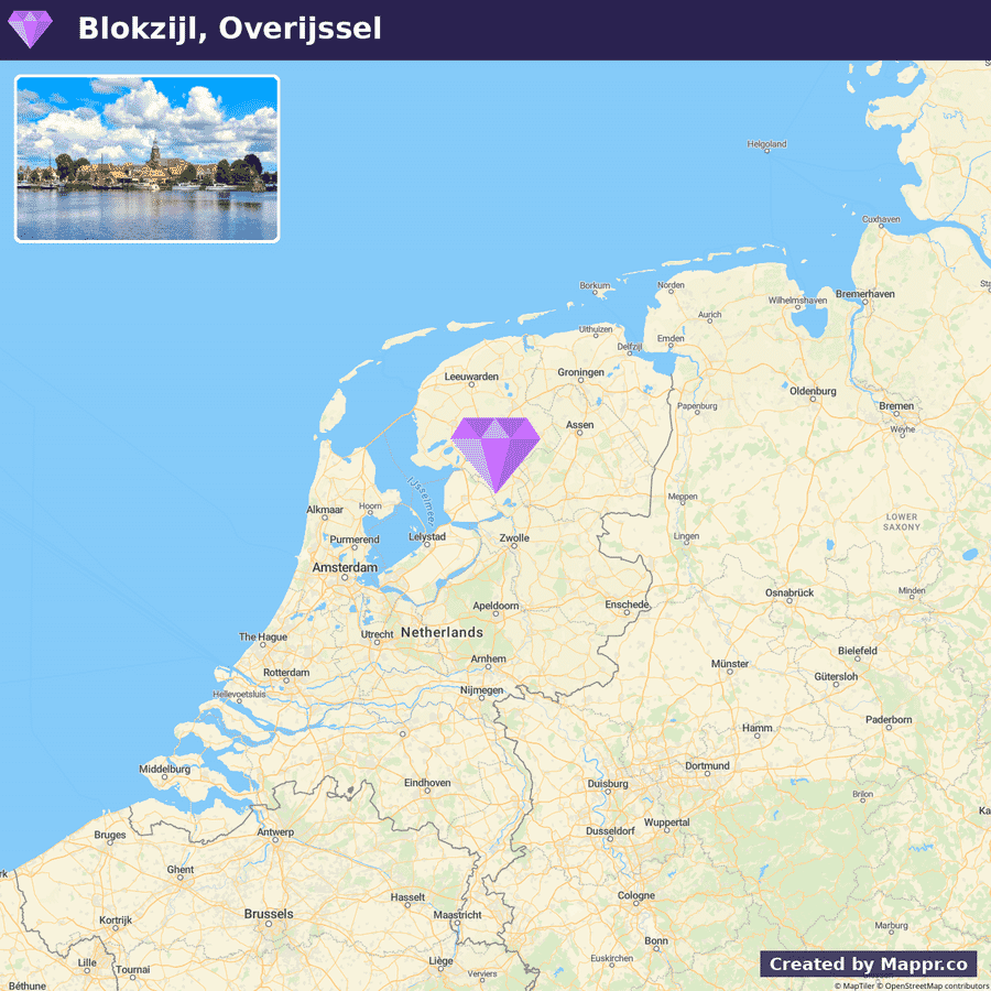 A map highlighting the location of Blokzijl in Overijssel, Netherlands, with a small inset image above showing a scenic view of Blokzijl's waterfront and buildings.