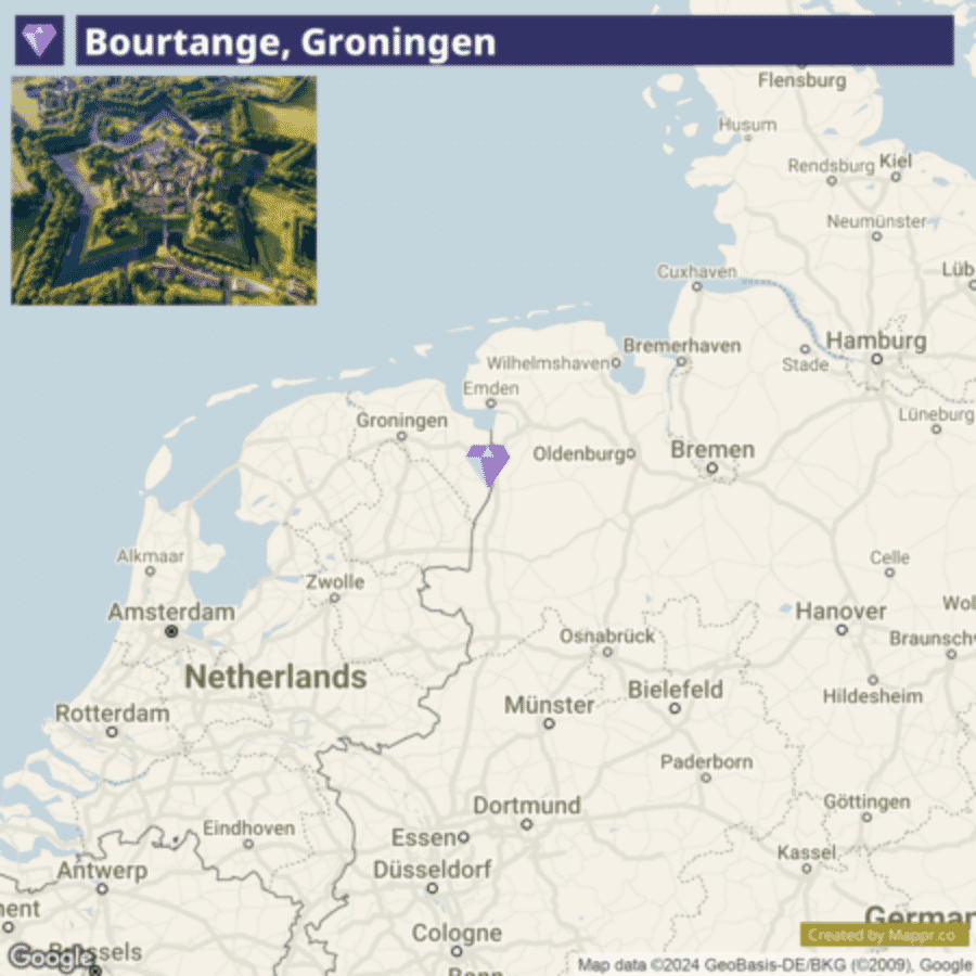 An aerial view of the star fort in Bourtange, Groningen at the top of the image, with a map of the Netherlands highlighting the location of Bourtange with a purple pin below.