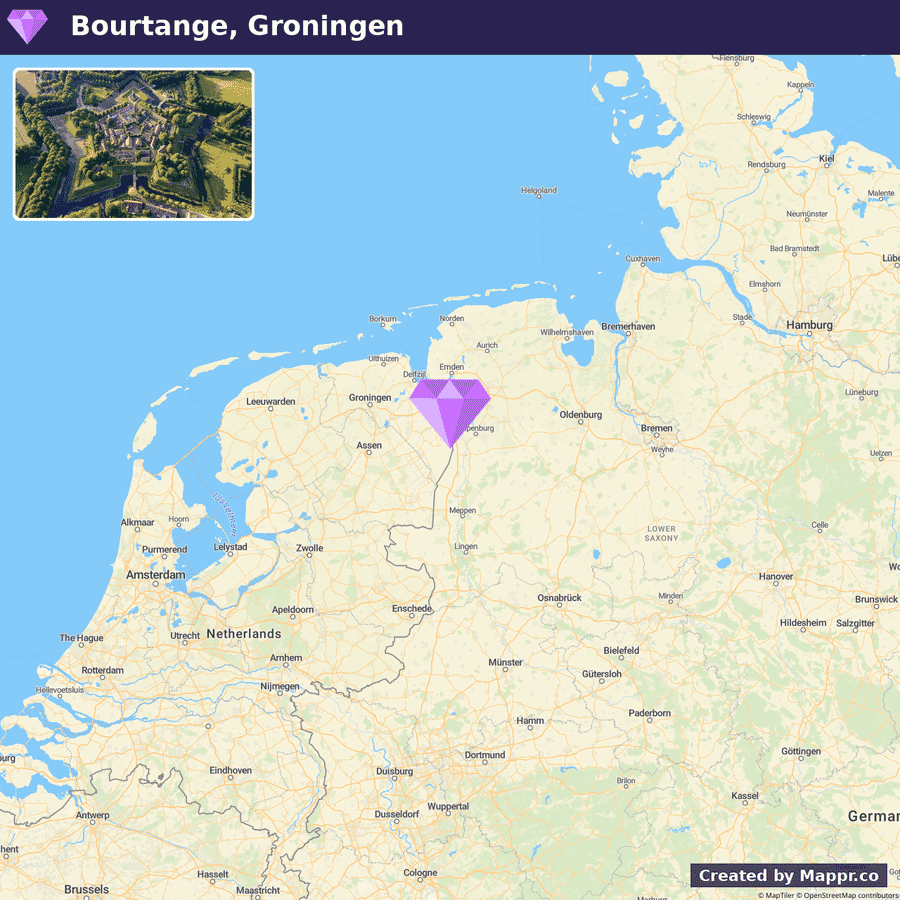 An aerial view of the star fort in Bourtange, Groningen at the top of the image, with a map of the Netherlands highlighting the location of Bourtange with a purple pin below.