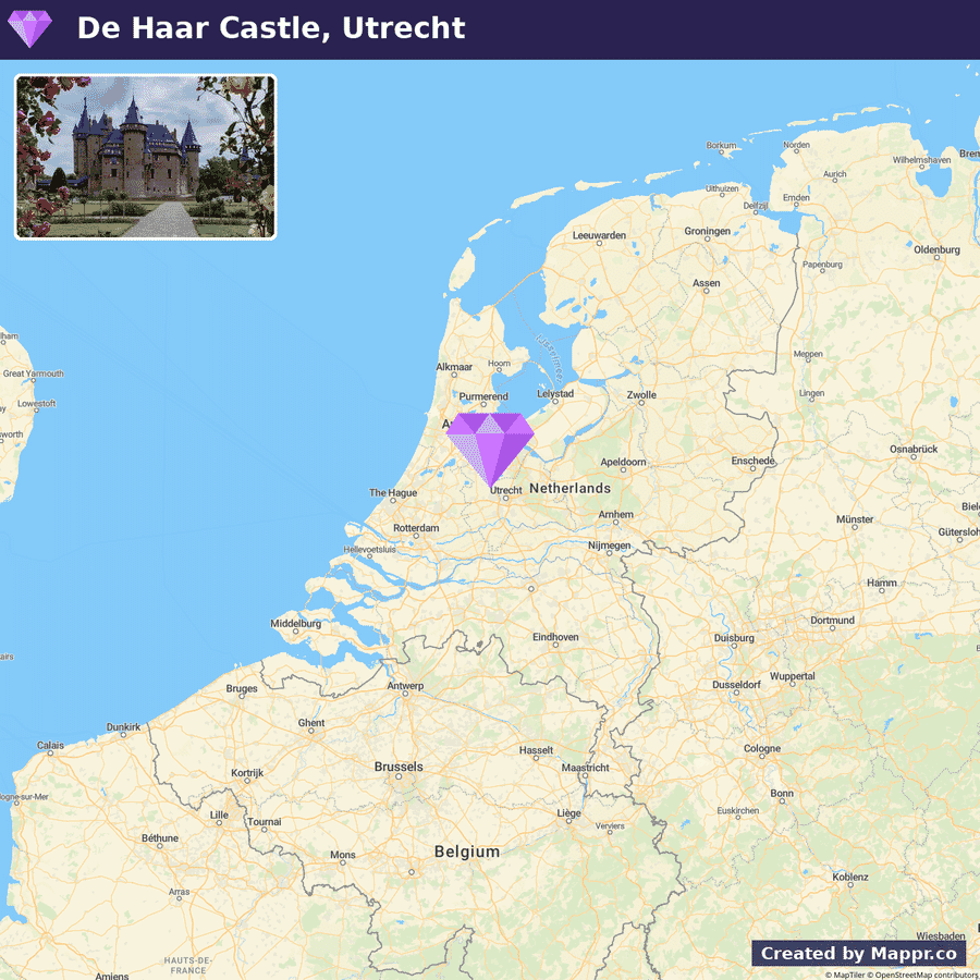 An image split between a photo of De Haar Castle surrounded by greenery and a marked Google map pinpointing its location in Utrecht, Netherlands.