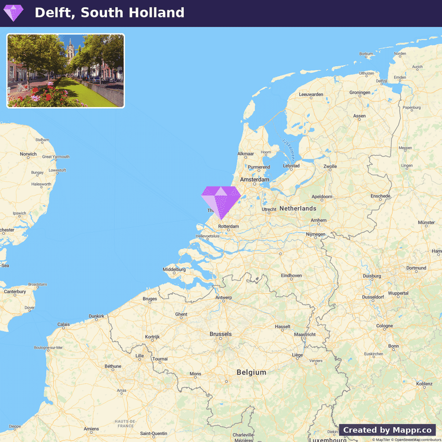 A map highlighting Delft in South Holland, Netherlands, with an inset photo showing a canal and flowers in Delft.