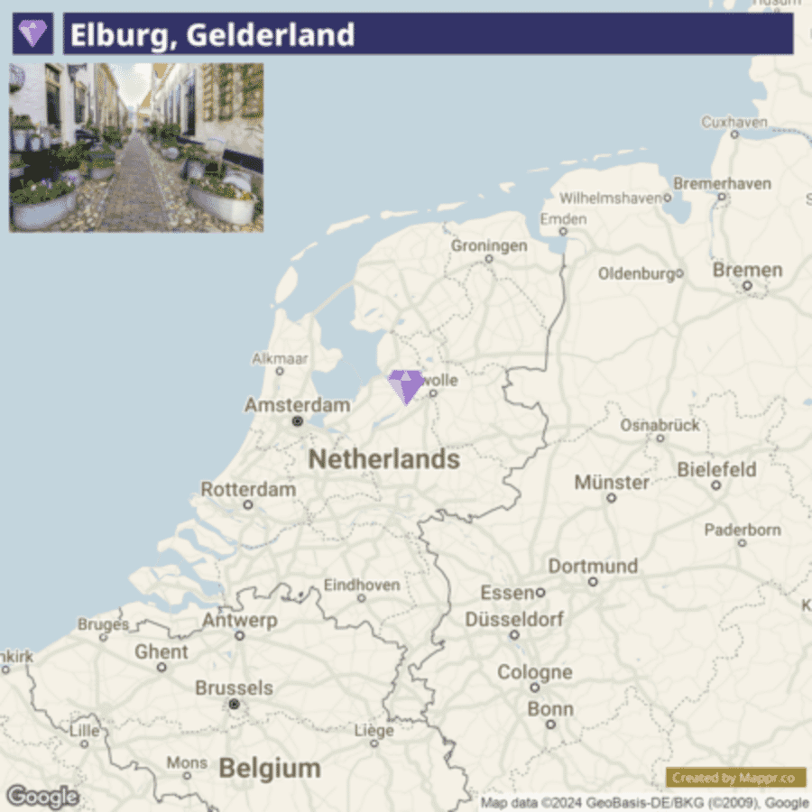An image split in two sections: the top half shows a charming cobblestone street with planters and greenery in Elburg, Gelderland, and the bottom half is a map highlighting the location of Elburg in the Netherlands, with surrounding countries and cities labeled.