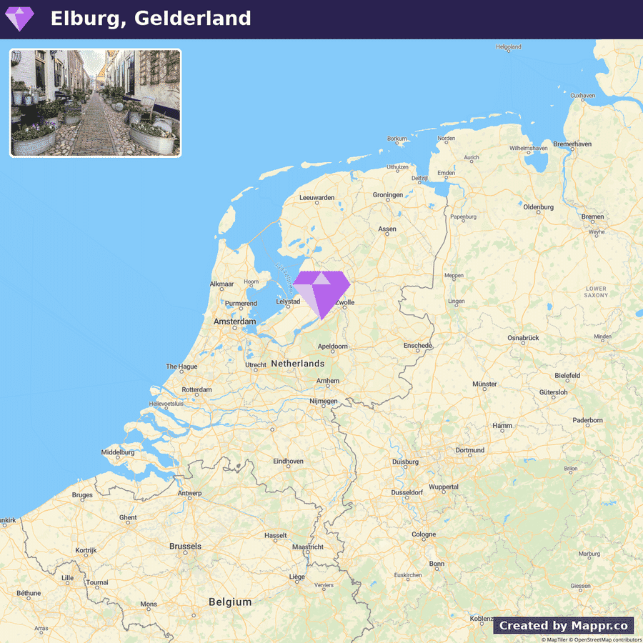 An image split in two sections: the top half shows a charming cobblestone street with planters and greenery in Elburg, Gelderland, and the bottom half is a map highlighting the location of Elburg in the Netherlands, with surrounding countries and cities labeled.