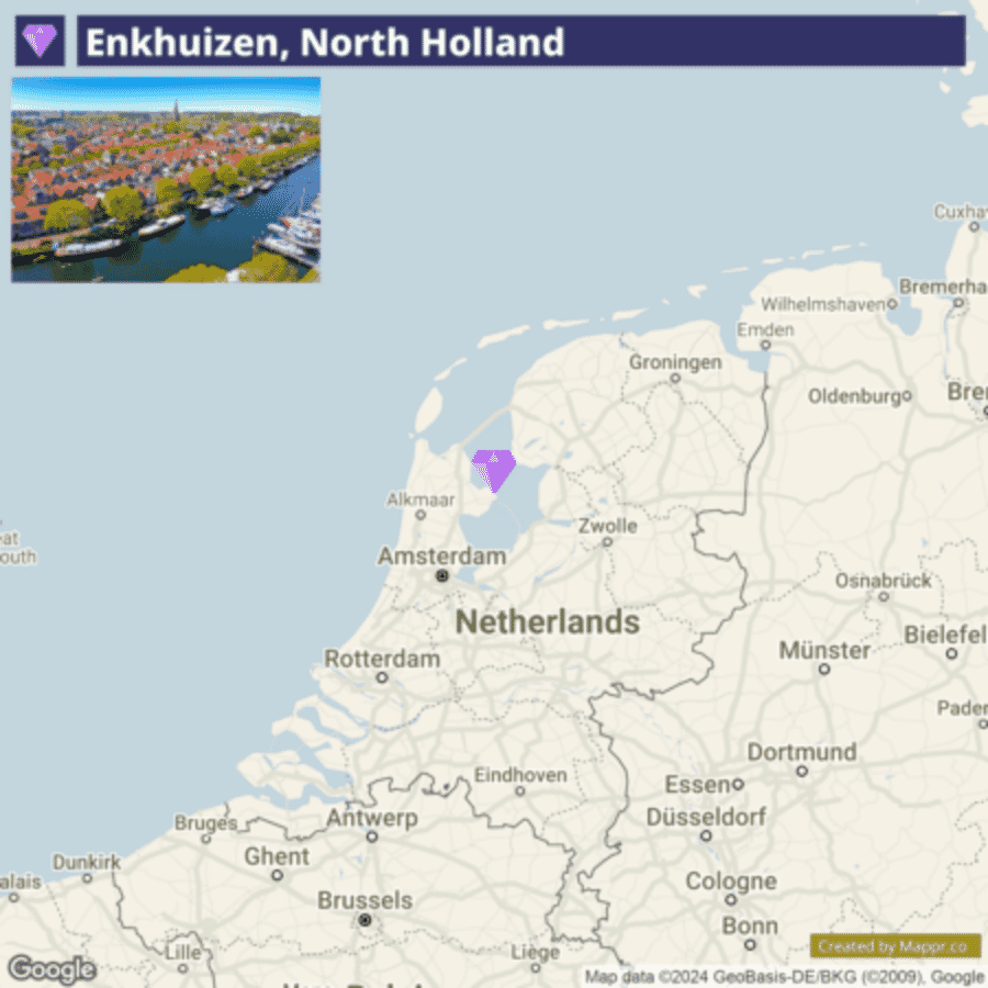 An infographic consisting of an aerial view of Enkhuizen, North Holland, showing waterways and orange-roofed buildings, placed above a map highlighting the location of Enkhuizen in the Netherlands with a purple diamond-shaped marker. There is a map legend indicating Enkhuizen, North Holland, and the map is attributed to Google and Mappr.co.