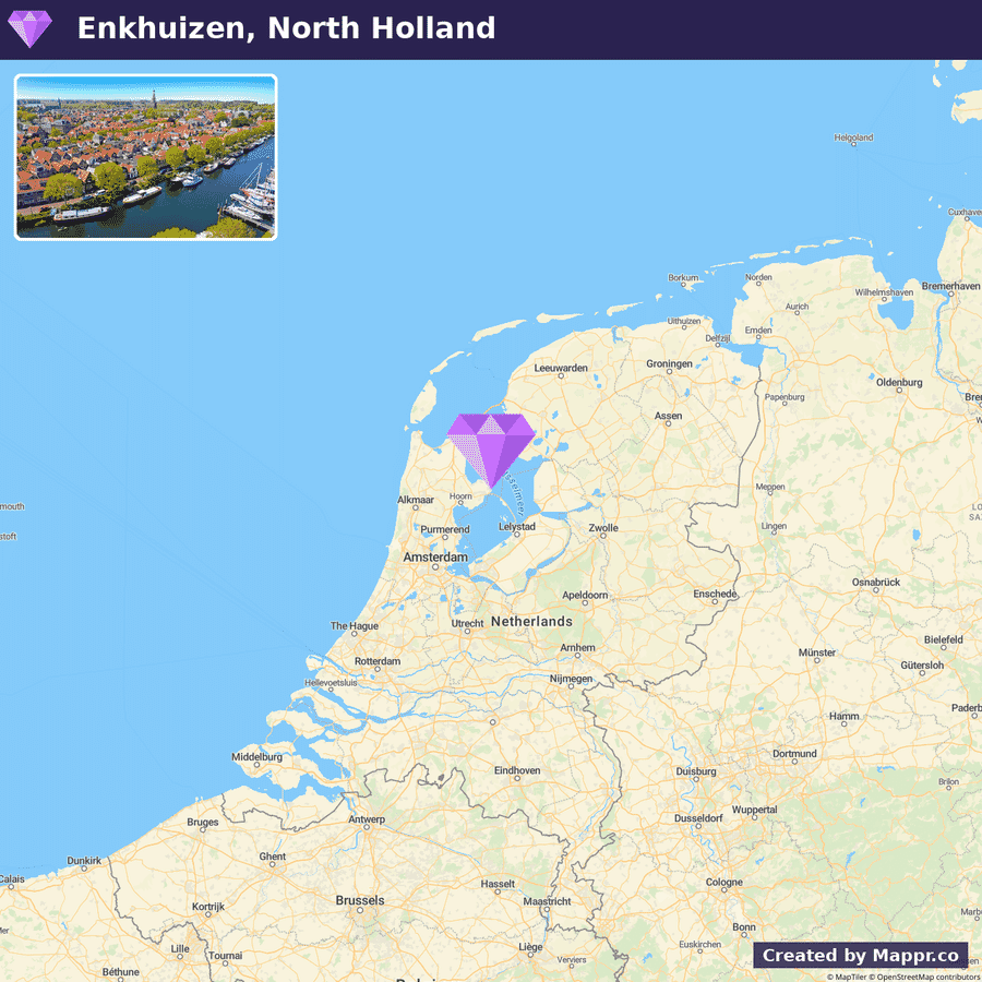 An infographic consisting of an aerial view of Enkhuizen, North Holland, showing waterways and orange-roofed buildings, placed above a map highlighting the location of Enkhuizen in the Netherlands with a purple diamond-shaped marker. There is a map legend indicating Enkhuizen, North Holland, and the map is attributed to Google and Mappr.co.