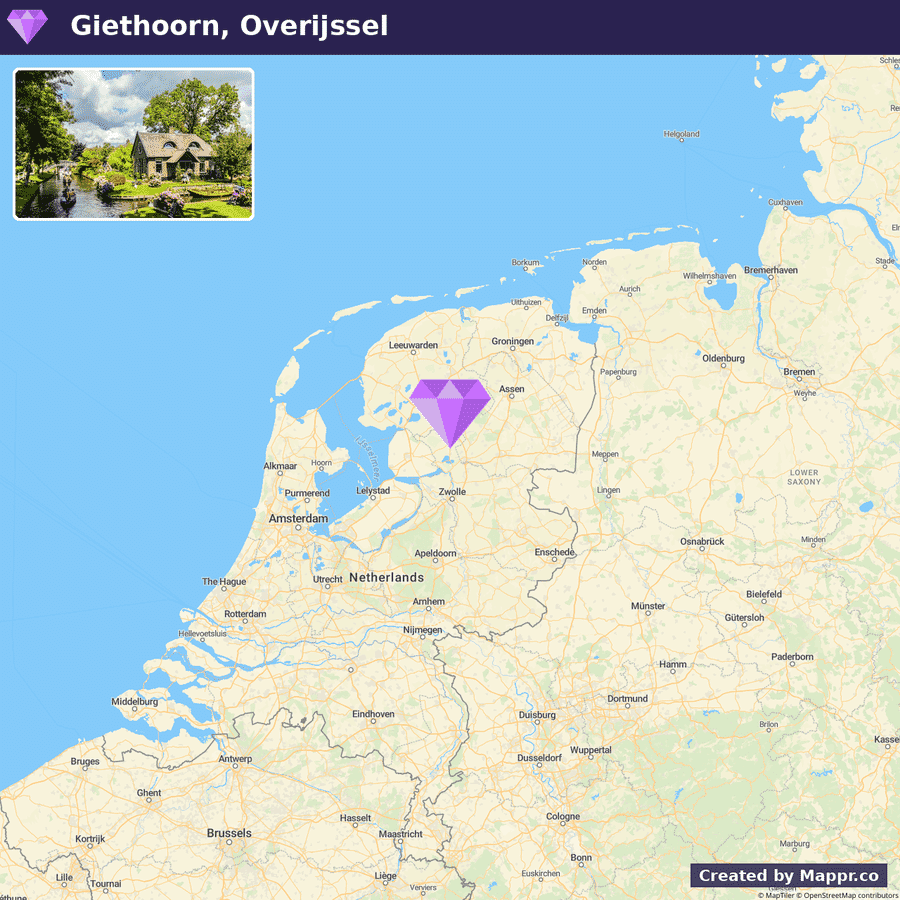 An inset image of a picturesque canal in Giethoorn, Overijssel, with lush greenery and a thatched-roof house, above a map of the Netherlands highlighting the location of Giethoorn.