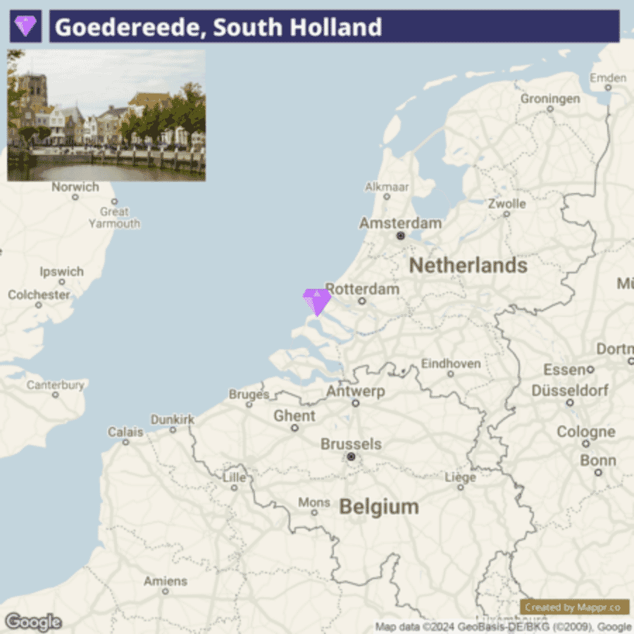 A map marking the location of Goedereede in South Holland, situated in the Netherlands, with surrounding countries and major cities labeled.