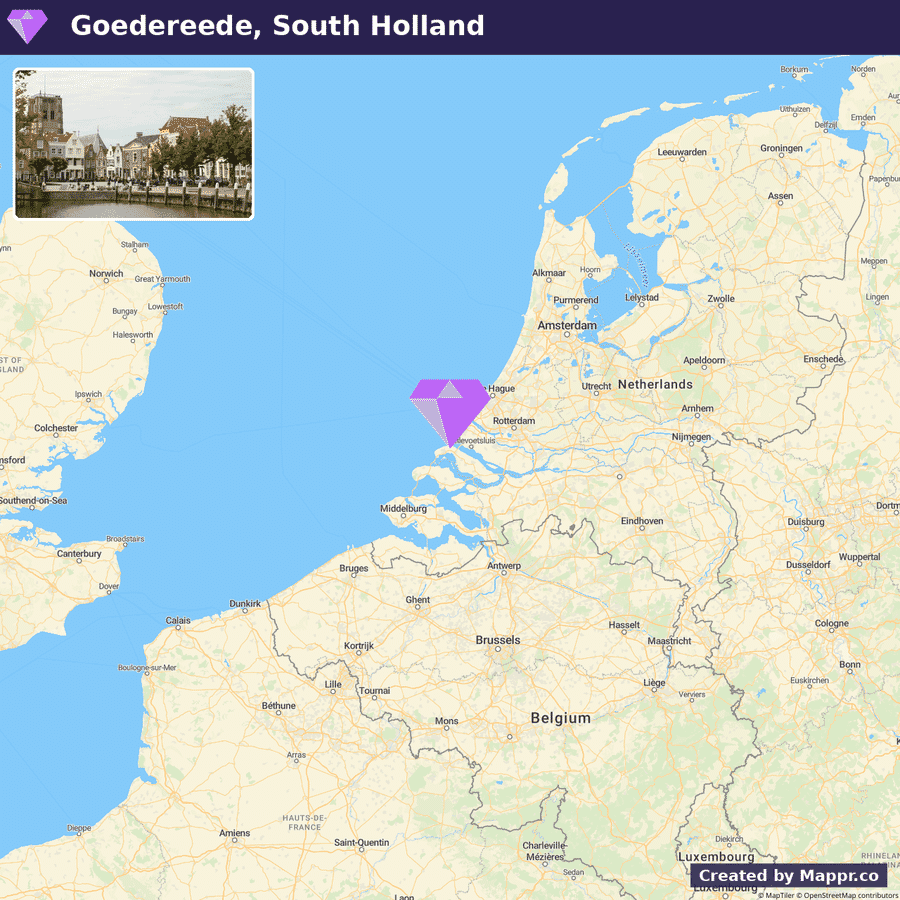 A map marking the location of Goedereede in South Holland, situated in the Netherlands, with surrounding countries and major cities labeled.