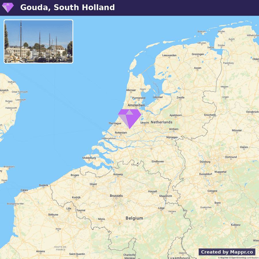 A map highlighting the location of Gouda in South Holland, Netherlands, with an inset photograph showing a scenic view of a harbor area in Gouda.