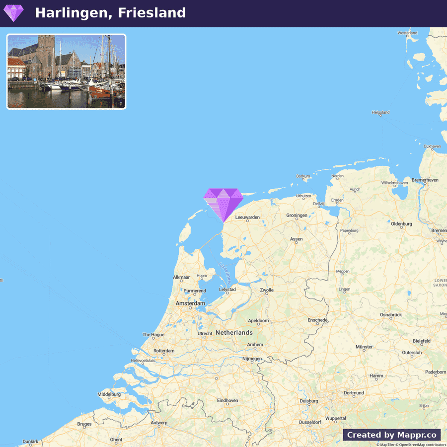"An informational image featuring a map highlighting Harlingen in Friesland, Netherlands, with a small photo inset showing a scenic view of the town's harbor, historic buildings, and moored boats."