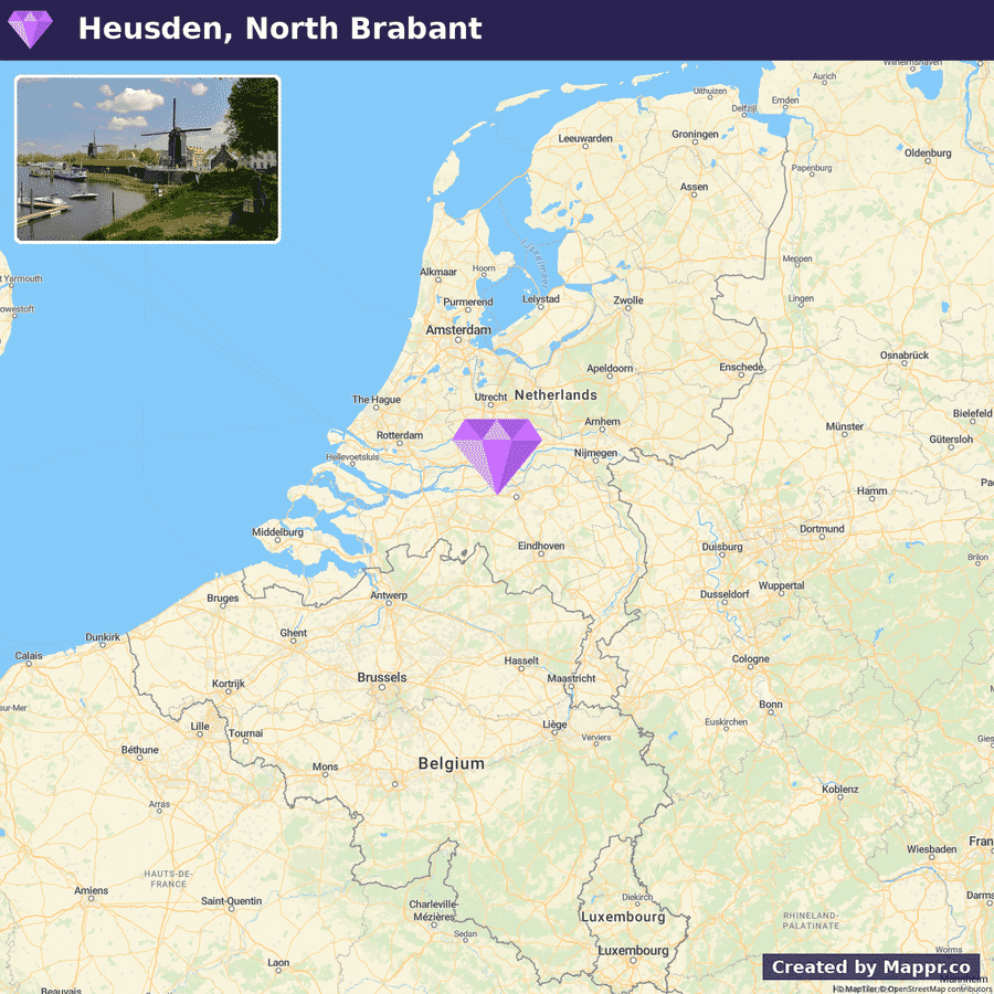 A map highlighting Heusden in North Brabant, Netherlands, with an inset photo of the town showing a windmill, boats, and greenery along a waterway.