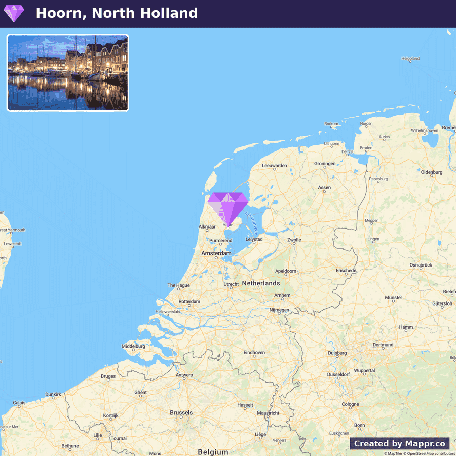 A map showing Hoorn's location in North Holland, Netherlands, with a small inset photo displaying a nighttime view of Hoorn's waterfront and architecture.