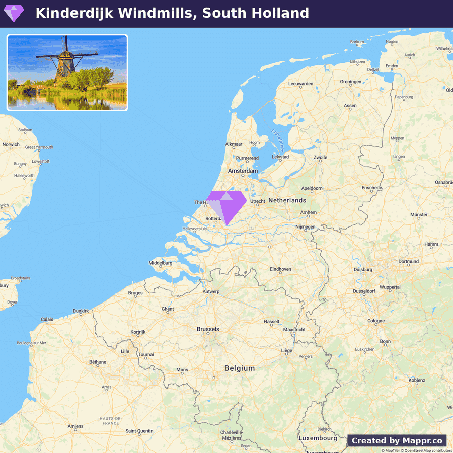 A map showing the Kinderdijk Windmills location in South Holland, Netherlands, with a superimposed image of a windmill reflecting in water at sunset in the upper left corner.