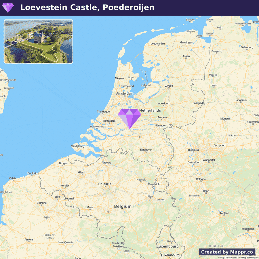 An aerial view of Loevestein Castle in Poederoijen, The Netherlands, with a geographical map highlighting its location.
